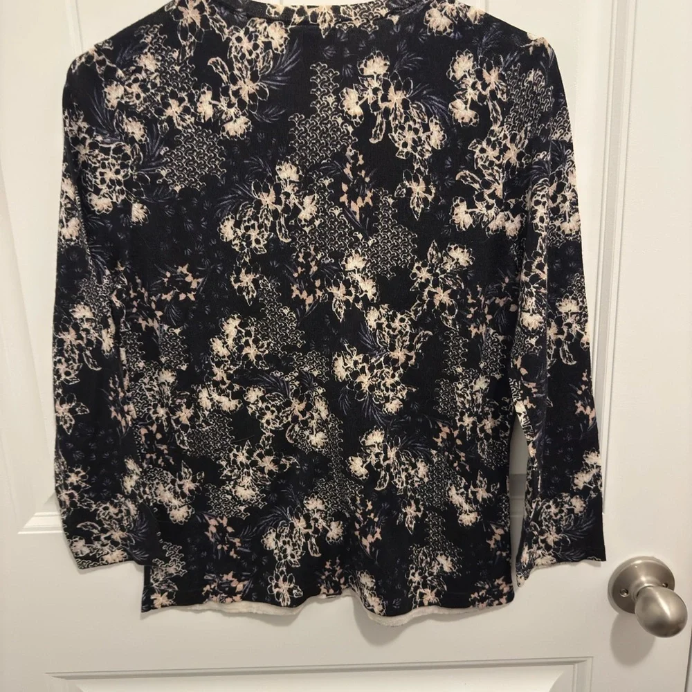Garnet Hill Navy Blue Cream Floral Botanical Button Front Cardigan Sweater Small